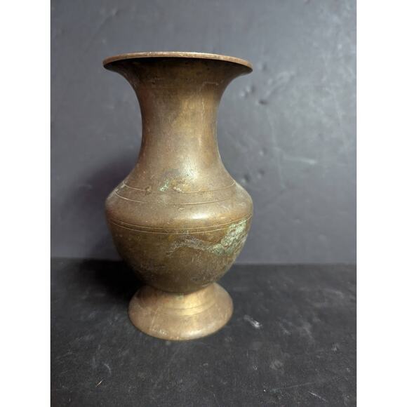 Antique 6" banded brass vase footed Patina flared neck round body Far East - Picture 1 of 6